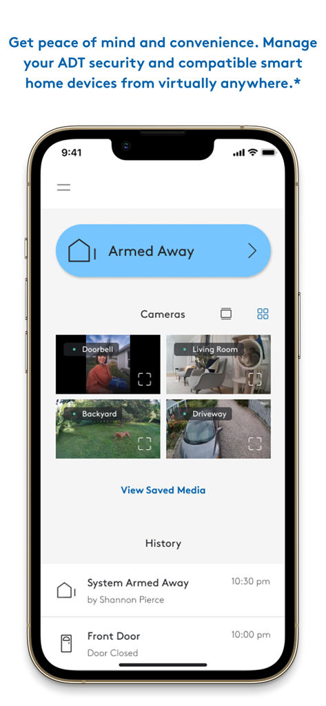 ADT+ app interface on a smartphone showing armed status and multiple live camera views including doorbell and backyard