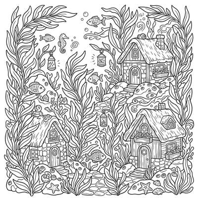 Immerse yourself in a magical fusion of nature with our Kelp Forest Cottagecore coloring page. This enchanting design features quaint underwater homes nestled amidst lush kelp, brimming with adorable marine life.