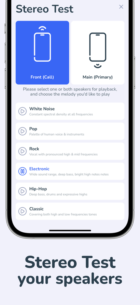 Water Eject・Speaker Cleaner AI - Interface of the Stereo Test feature showing speaker selection and audio genre options