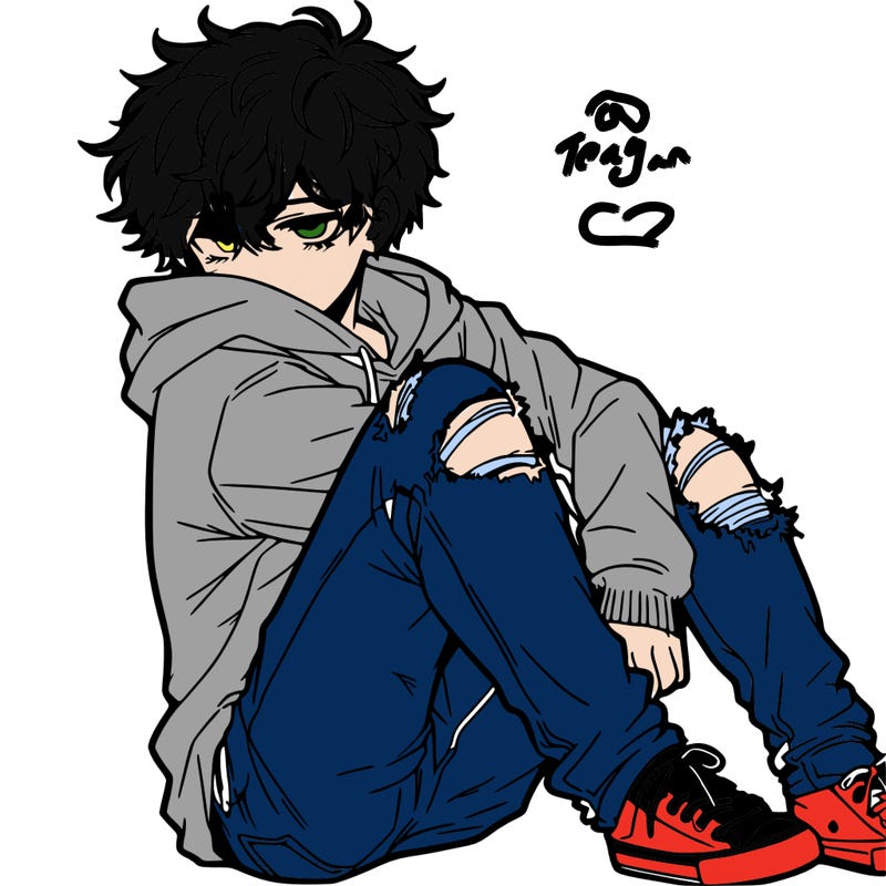 a male hoddie ripped jeans messy hair anime
