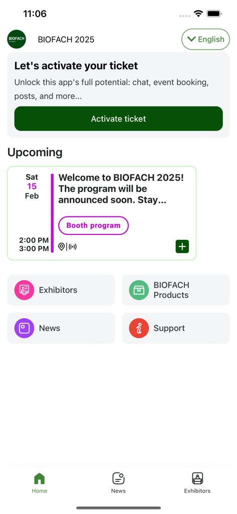 BIOFACH 2025 mobile app home screen with ticket activation and event program