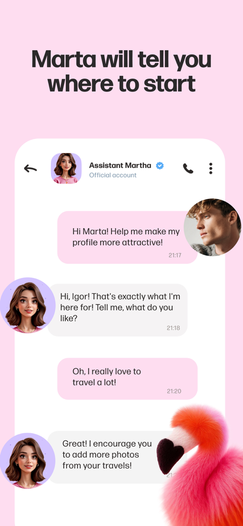 Mamba: Dating, Meet New People - Mambaデーティングアプリのインターフェース。公式AIアシスタント「Marta」が、チャットウィンドウでユーザーにプロフィール最適化のヒントを提供。