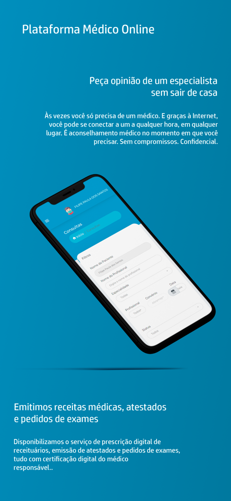 Telemedicina E-saude - Tela de smartphone mostrando a interface do aplicativo Telemedicina E-saude com opções para consultas médicas online e prescrições digitais em português.