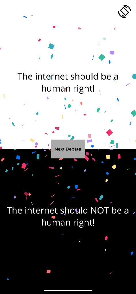 Debate - Party Game - Split screen interface of the Debate party game app showing opposing sides of a topic about internet rights with colorful confetti