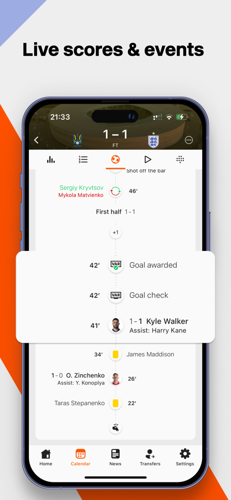 Forza Football app screen showing live soccer match scores and a detailed timeline of game events including goals and VAR checks