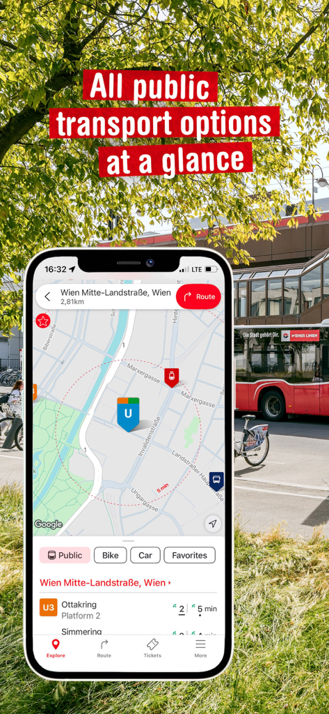 WienMobil - WienMobil app showing public transport options and map in Vienna