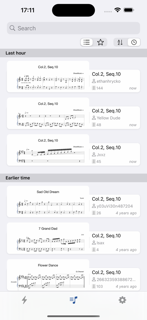Digital library interface of the Music Reader app showing a list of recent sheet music scores and thumbnails
