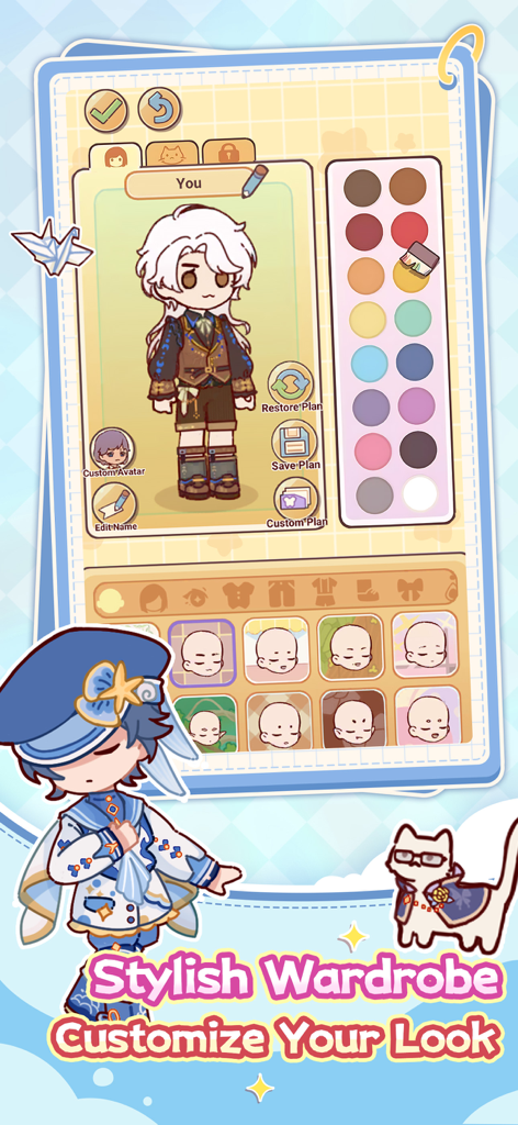 My Leisure Time - Pantalla de personalización de personajes en Mi Tiempo Libre que muestra opciones de vestuario elegantes y una paleta de colores para un avatar chibi