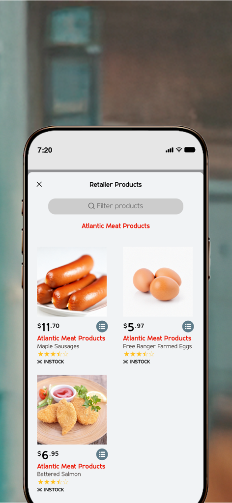 CornerStore - A smartphone displaying the CornerStore app with local product listings for Atlantic Meat Products