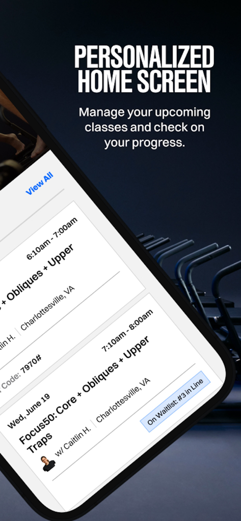 A personalized home screen of the solidcore app displaying upcoming fitness class schedules and waitlist status