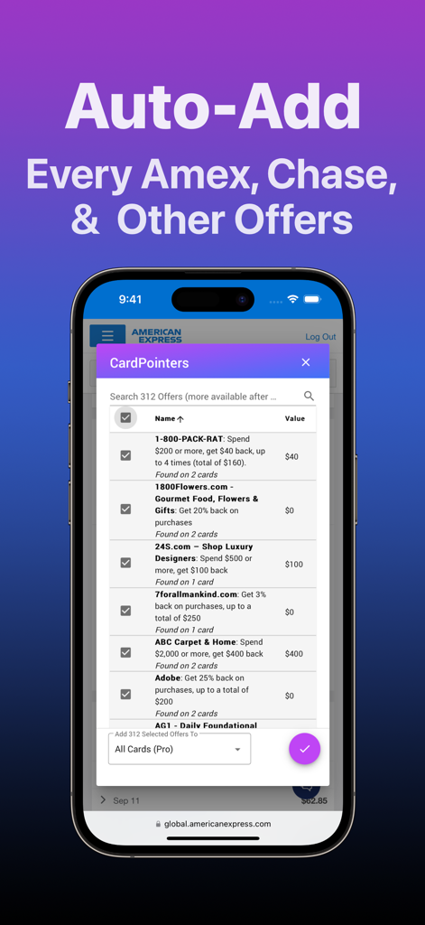 CardPointers Safari extension on iPhone showing a list of credit card offers from American Express and Chase being automatically added to a user account.
