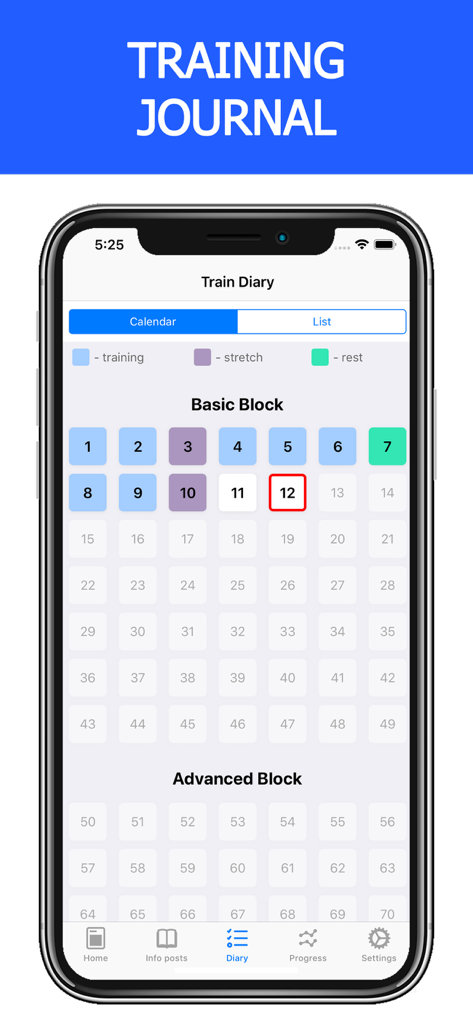 Training journal screen of the SOTKA app displaying a color-coded 100-day workout calendar