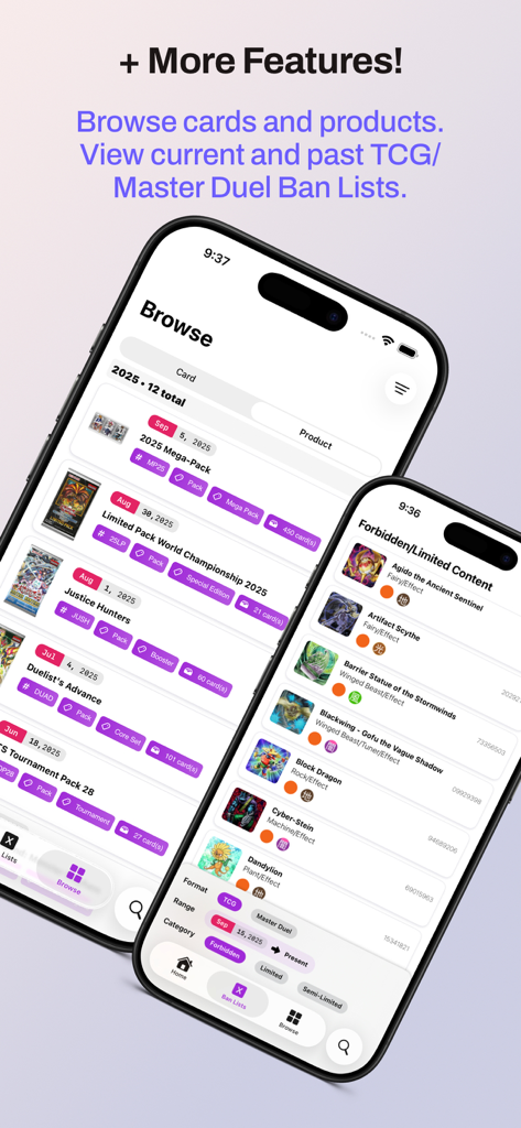 SKC: Yugioh Database - 상품 탐색과 TCG 마스터 듀얼 금지 및 제한 카드 목록을 보여주는 SKC 유희왕 데이터베이스 앱의 모바일 화면