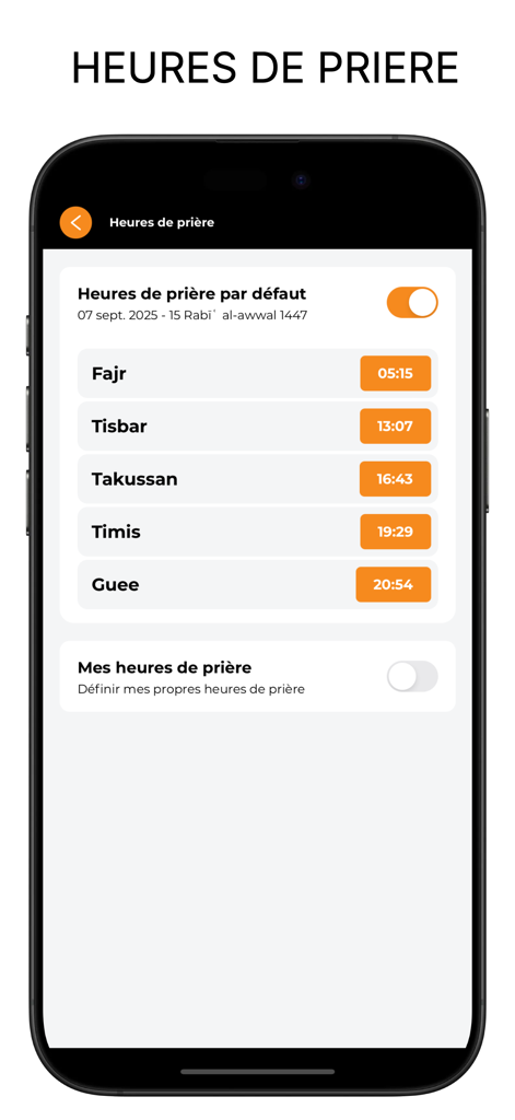 Mobile app interface displaying daily Islamic prayer times with Wolof names