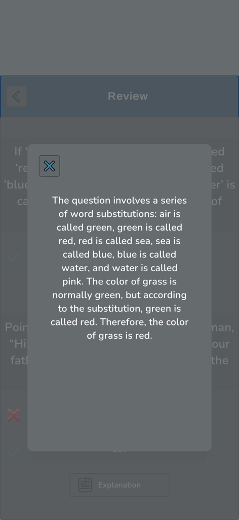 Screenshot der Logic IQ Quiz-App mit einer detaillierten Erklärung für eine Logikfrage zur Wortsubstitution.
