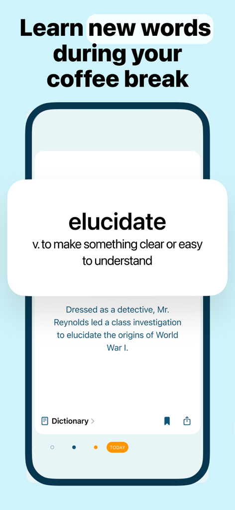 Word of the Day・Vocabulary - La aplicación Palabra del Día mostrando la definición y el uso de la palabra 'elucidate' (dilucidar)