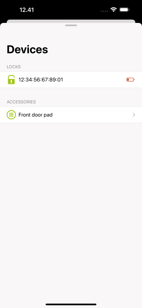 Danalock - Danalock app device management screen showing a connected smart lock and front door keypad