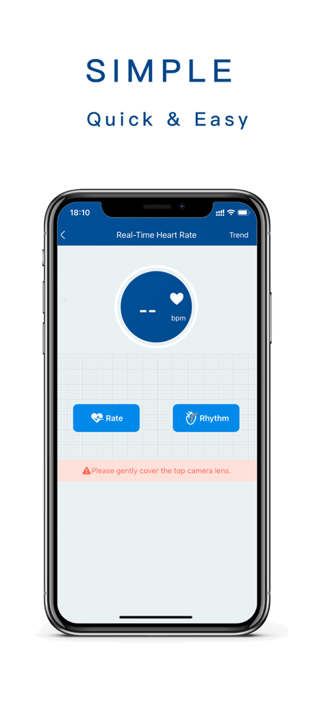 Instant Pulse - Blood Pressure - Smartphone screen showing a real-time heart rate measurement interface with Rate and Rhythm options.