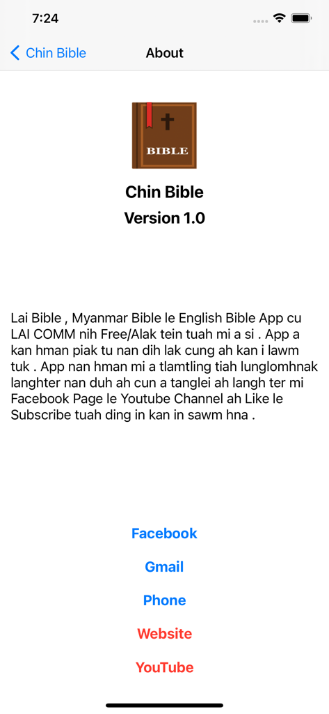 About page of the Chin Bible app showing version 1.0 information and social media links
