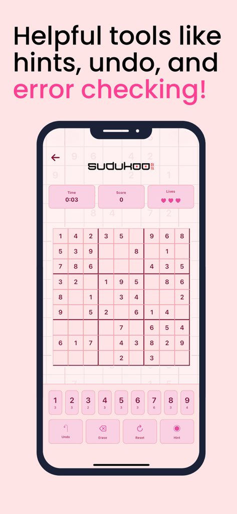 Interfaz de la aplicación móvil Sudukoo que muestra un tablero de juego minimalista rosa con herramientas de pista, deshacer y borrar