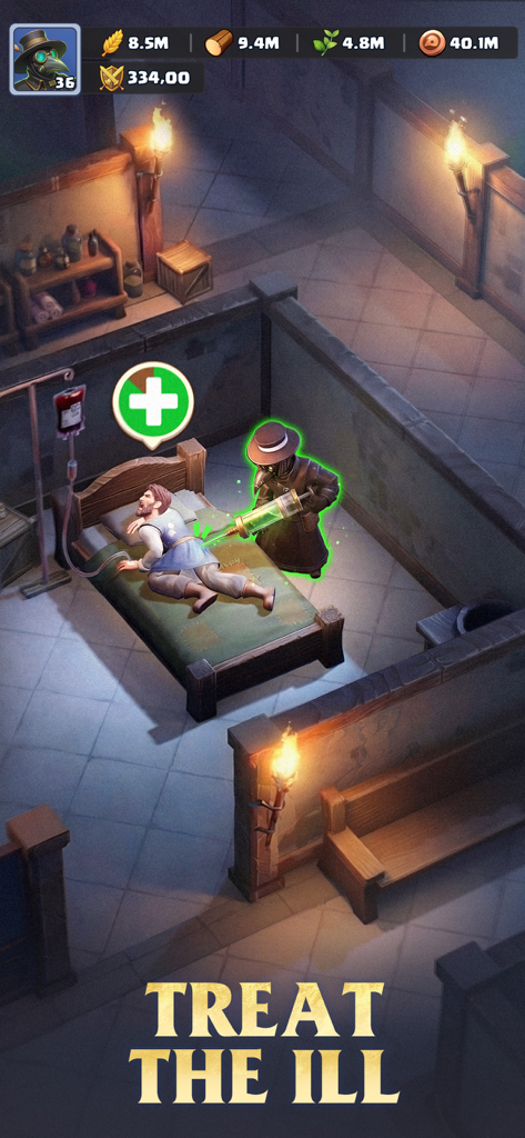 Last Asylum: Plague - A plague doctor treating a sick patient in a sanctuary ward within the Last Asylum Plague game.