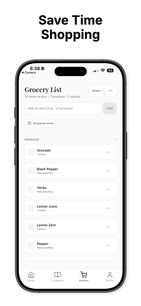Whisk - AI Meal Planner - Aplicativo Whisk AI meal planner mostrando uma lista de compras inteligente para compras organizadas