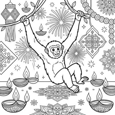 Swing into the festive spirit with this delightful coloring page featuring a lively gibbon celebrating Diwali. Immerse yourself in a scene adorned with traditional diyas, intricate rangoli, and dazzling fireworks, perfect for bringing joy to your day.