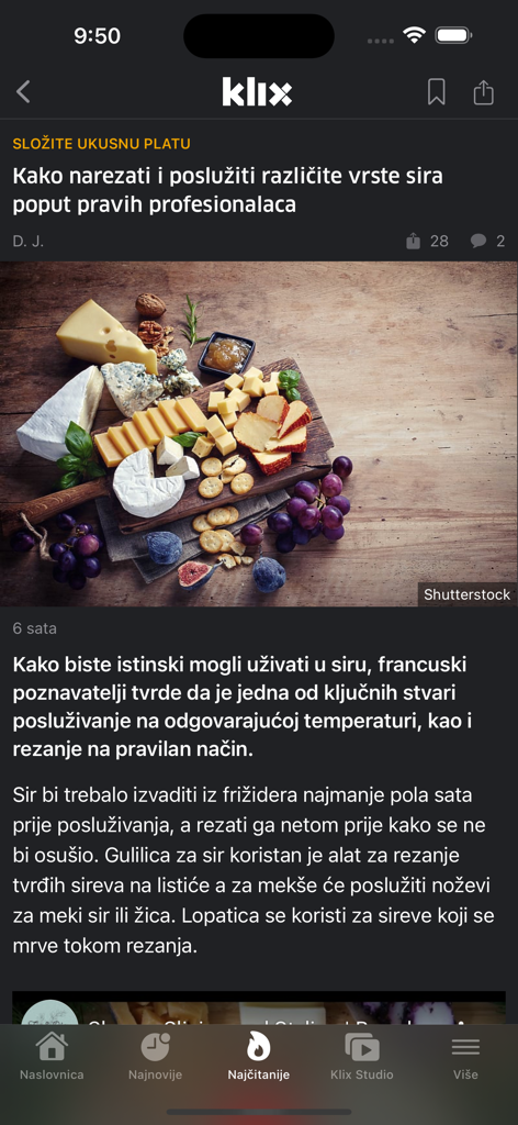Artículo de estilo de vida en la aplicación de noticias Klix.ba mostrando una tabla de quesos y consejos para servir.