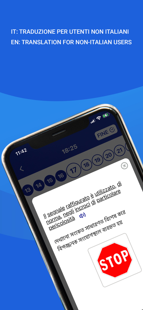 Écran de smartphone affichant une question de quiz pour le permis de conduire italien avec une traduction multilingue.