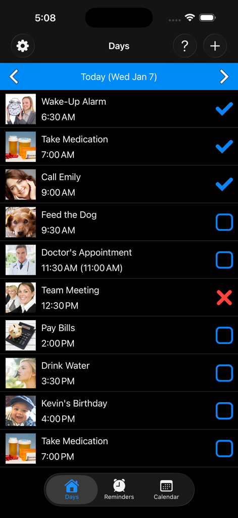 Daily schedule screen in the Reminders with Voice app showing a list of tasks with custom images and status checkmarks.