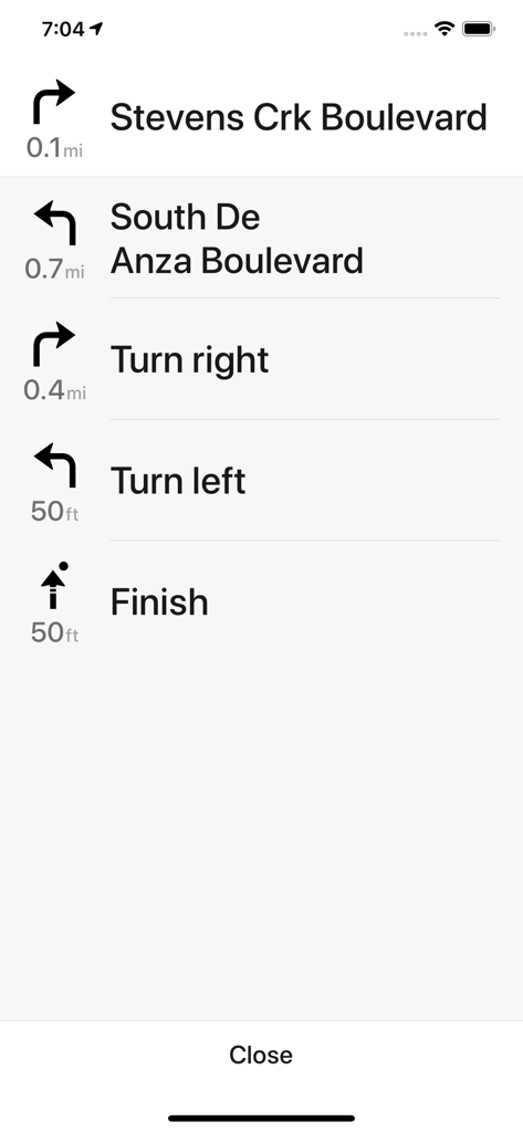 Back Seat Navigator - A detailed list of turn-by-turn driving directions within the Back Seat Navigator app.