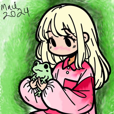 girl with long hair and a oversized shirt. and she is holding a frog