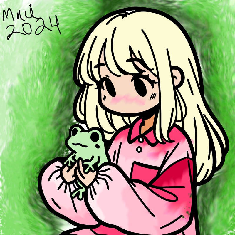 girl with long hair and a oversized shirt. and she is holding a frog