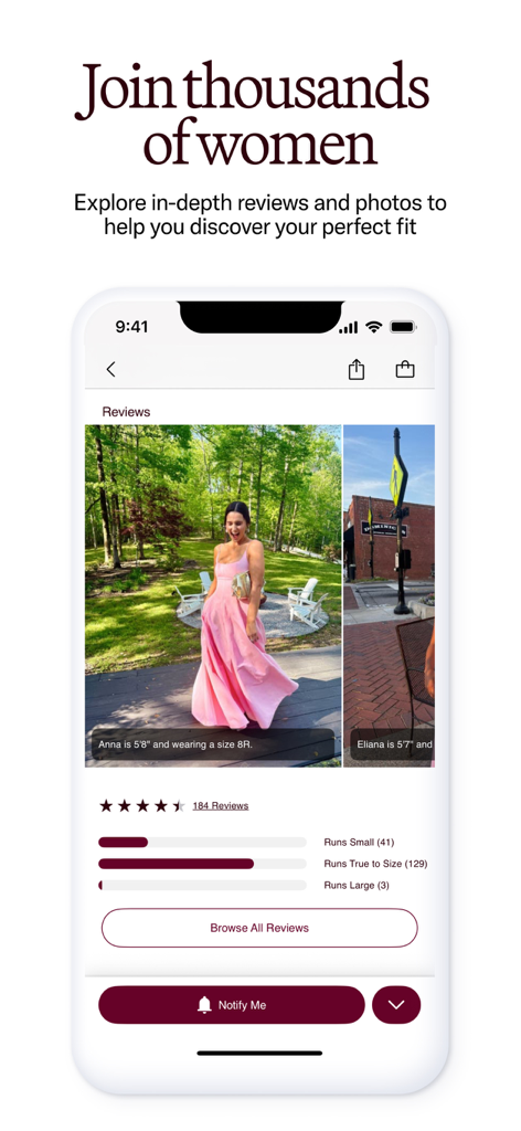 Rent the Runway (RTR) - Rent the Runway app interface displaying customer reviews with photos and fit recommendations