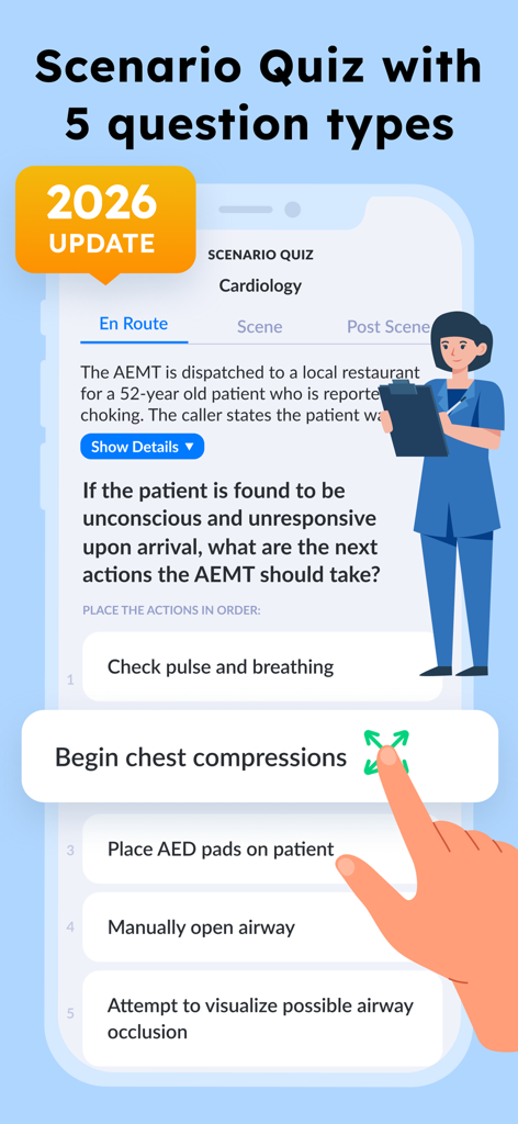 NREMT Prep. Medic Test 2026 - Interface de l'application NREMT Prep montrant un quiz de scénario de cardiologie avec une question interactive d'ordonnancement d'actions médicales