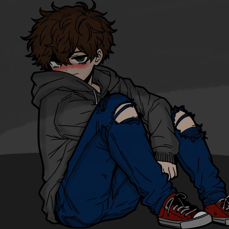 a male hoddie ripped jeans messy hair anime