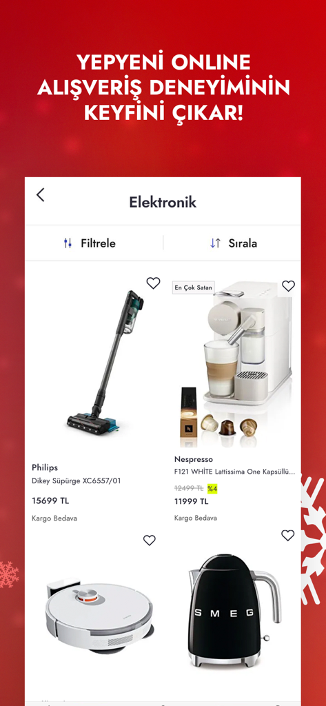 Boyner – Online Shopping - Die Elektronikkategorie der Boyner-App zeigt Haushaltsgeräte wie einen Philips-Staubsauger und eine Nespresso-Kaffeemaschine.
