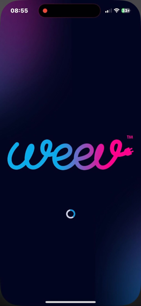 My Weev - Pantalla de bienvenida de la aplicación My Weev con un logo cursivo y un icono de enchufe eléctrico.