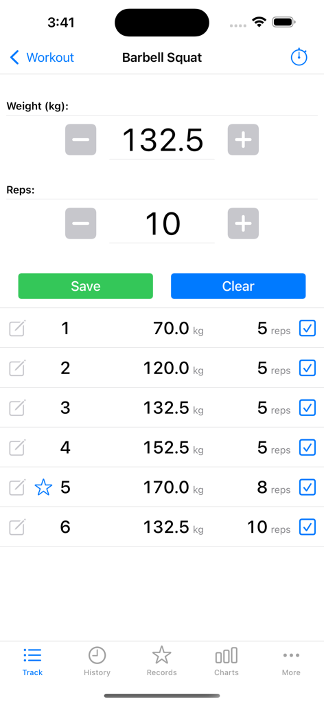 Interface of the FitNotes 2 app showing a barbell squat workout log with weight and reps tracking for multiple sets.