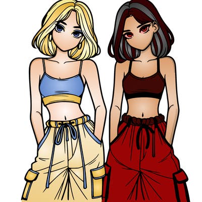 two girls with crop top with baggy pants