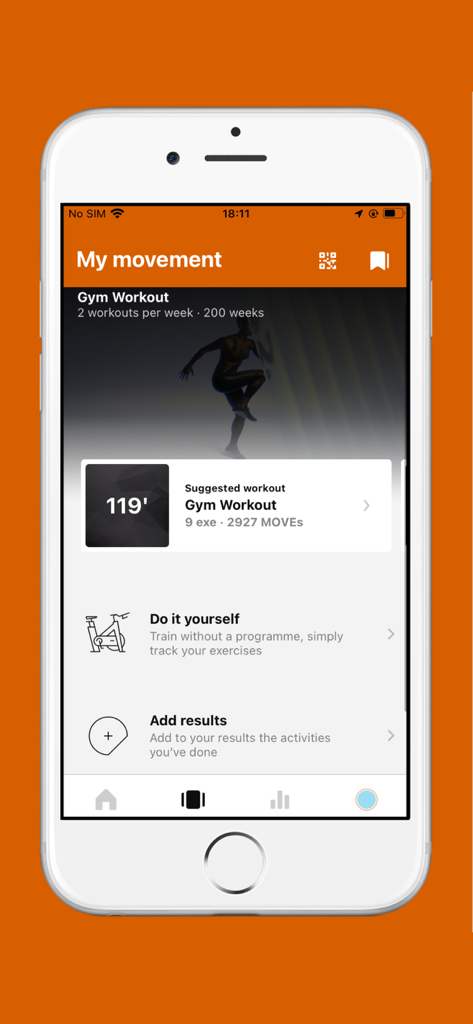 Places Tracker - Smartphone exibindo a tela My Movement do aplicativo Places Tracker com um treino de ginásio sugerido e opções de rastreamento de atividades.
