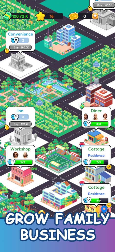 Family Sim: Life Simulator - Draufsicht der Stadtkarte in Family Sim, die Unternehmen und Wohngebäude zeigt