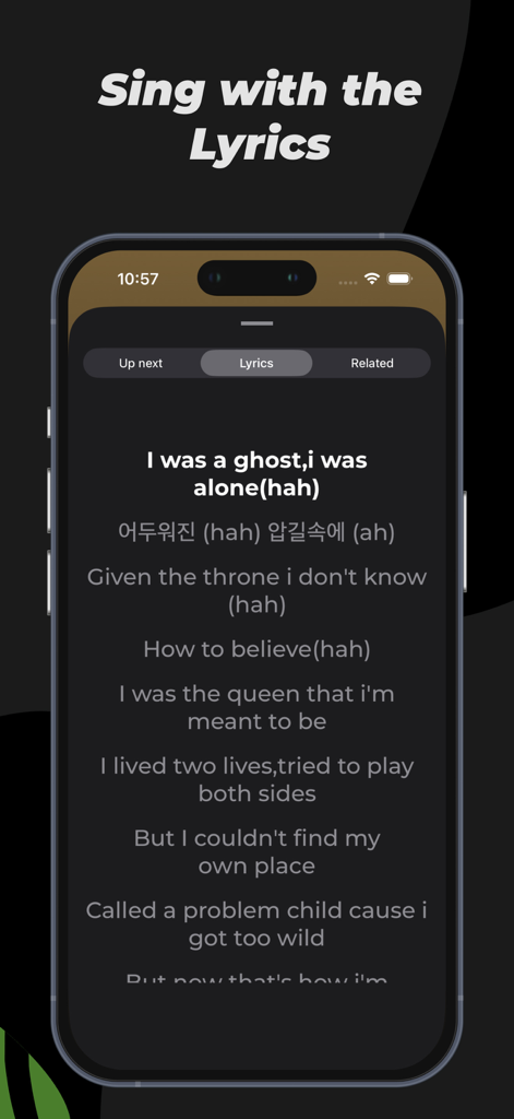 Music Lite - Music Player - Music Lite app interface showing scrolling song lyrics for singing along.