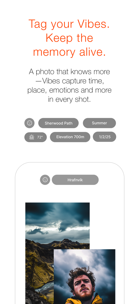 Capria - Capria camera app interface showing Vibe Tags and dual-view photography