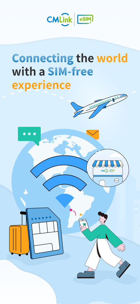 CMLink eSIM: Global eSIM Plan - Graphique promotionnel de l'application CMLink eSIM mettant en avant la connectivité mondiale et une expérience de voyage sans carte SIM.