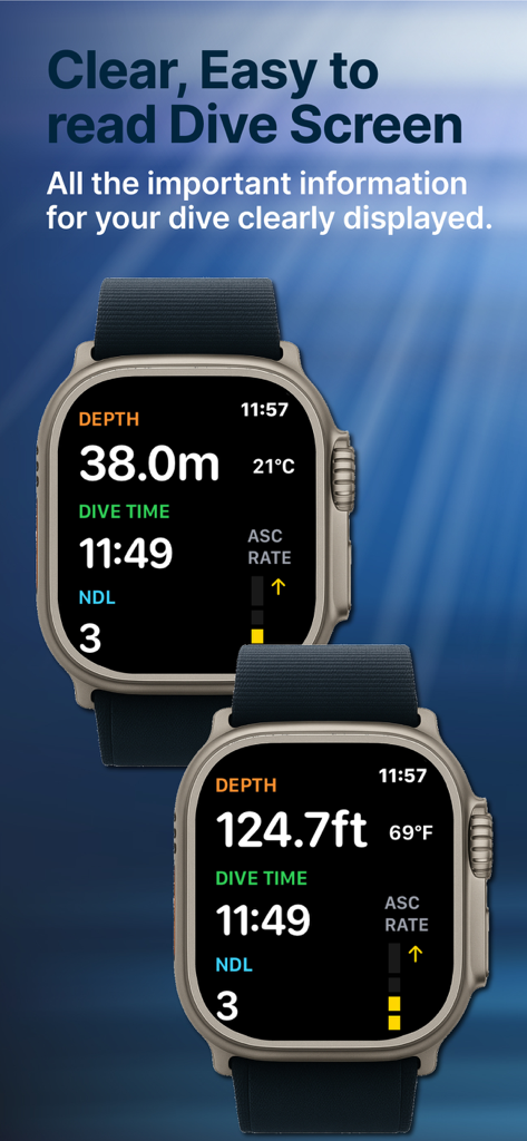 Pro Dive app interface on Apple Watch Ultra showing real time depth and dive time data