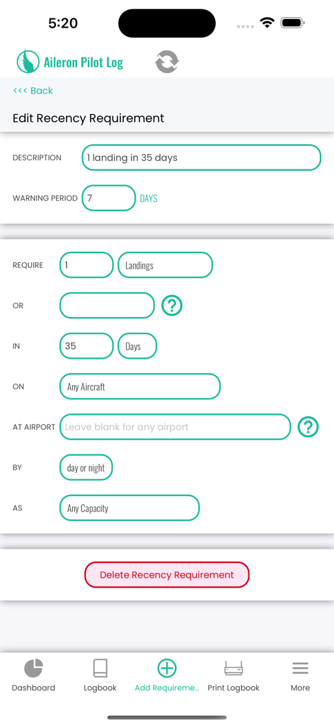 Pantalla de edición de requisitos de recentidad en la aplicación Aileron Pilot Log que muestra los criterios de aterrizaje de vuelo.