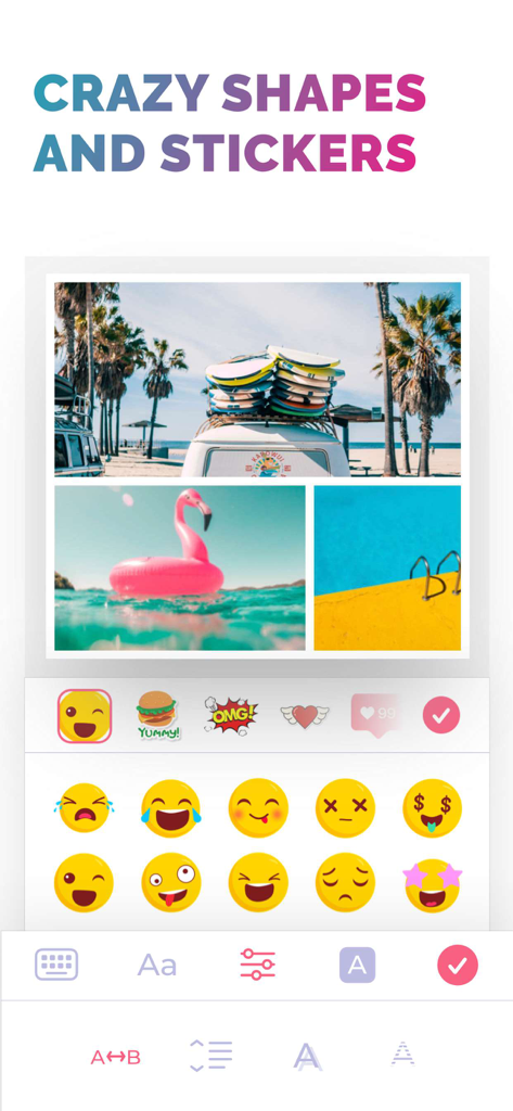 Eine mobile App-Oberfläche, die eine Fotocollage mit einer Bibliothek von Emoji-Stickern zeigt
