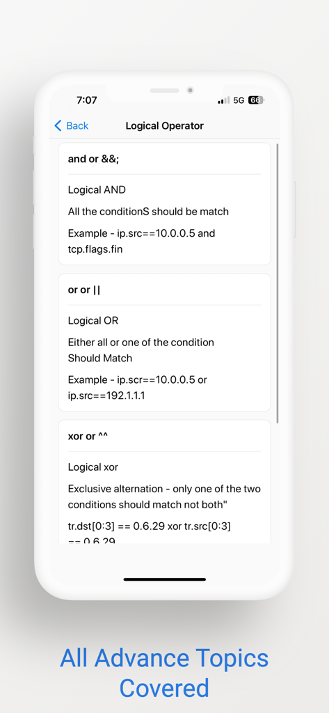A mobile app screenshot showing a tutorial on Wireshark logical operators including AND, OR, and XOR with example code.