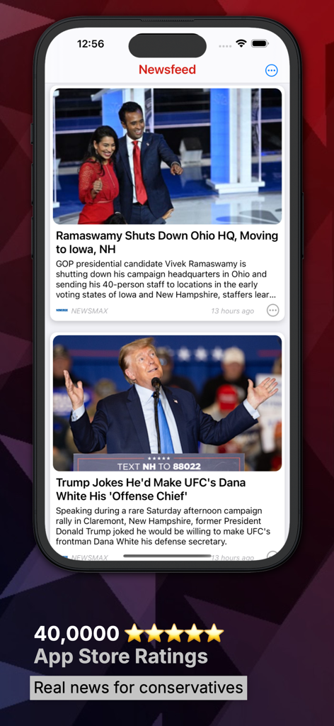 Conservative News - Screenshot of the Conservative News app newsfeed featuring political headlines and App Store ratings.